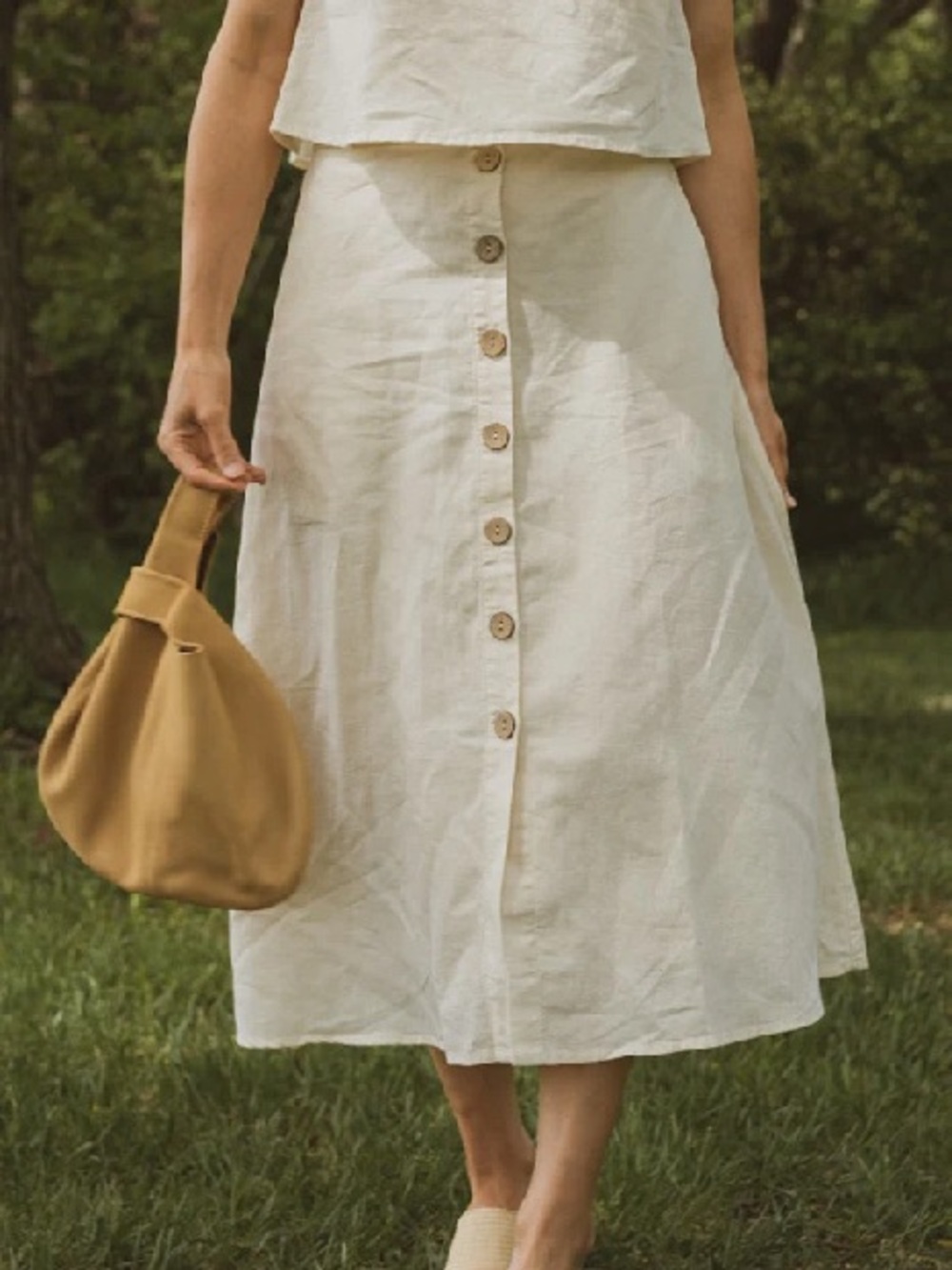 Grae Cove Linen Button-Front Cream A-Line Midi Skirt Women’s Small